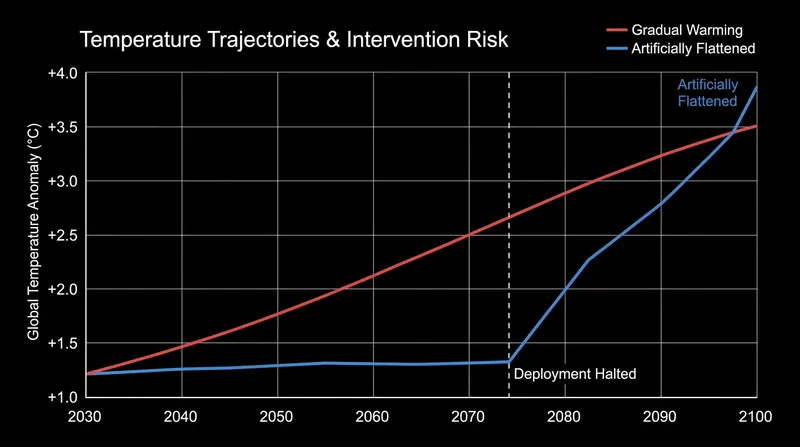 Models show that an abrupt halt to geoengineering could cause warming rates 2 to 6 times faster than current historical trends.