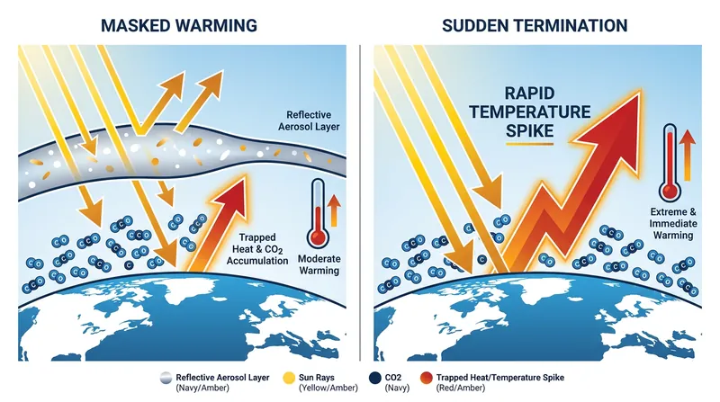 How termination shock works: Aerosols mask the warming effect of greenhouse gases, but if stopped, the accumulated thermal energy strikes the planet rapidly.