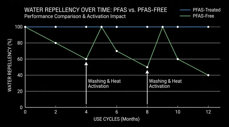 PFAS-free DWR coatings lose their ability to bead water as body oils accumulate, but regular washing fully restores their performance.