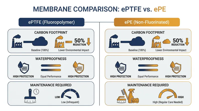 While raw waterproof performance remains equal, the new ePE membranes drastically cut carbon emissions at the cost of requiring more frequent maintenance.
