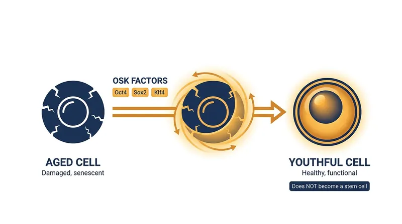 Partial reprogramming uses three of the four Yamanaka factors (OSK) to reset a cell's epigenetic age without erasing its identity.