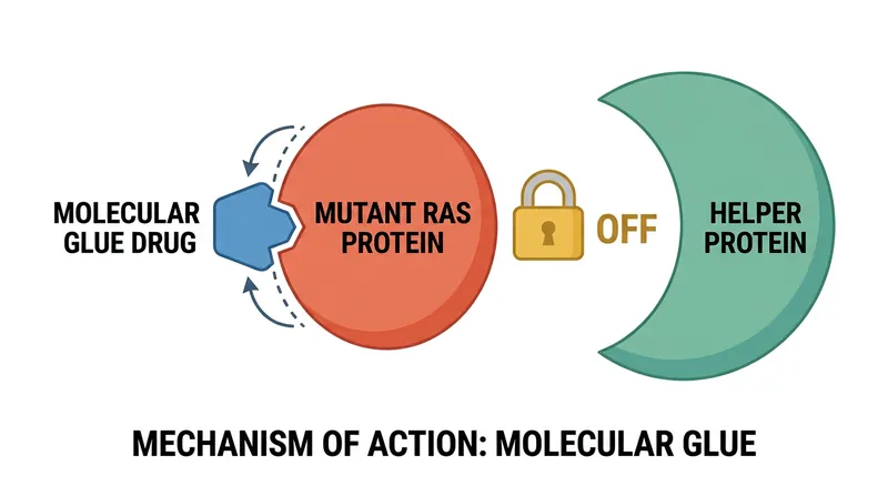 The drug acts as a 'molecular glue,' recruiting other cellular proteins to lock the mutant RAS in an inactive state.