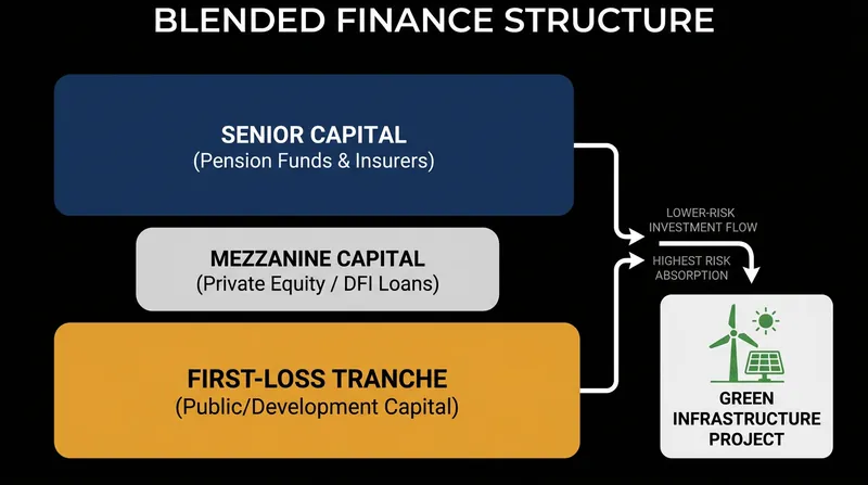 Blended finance structures allow risk-averse pension funds to safely invest in emerging green technologies.