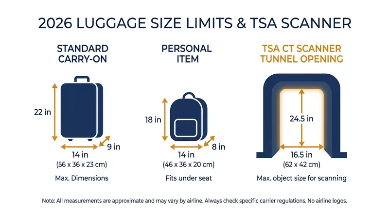 How the standard carry-on and personal item dimensions compare to the new TSA CT scanner tunnels.