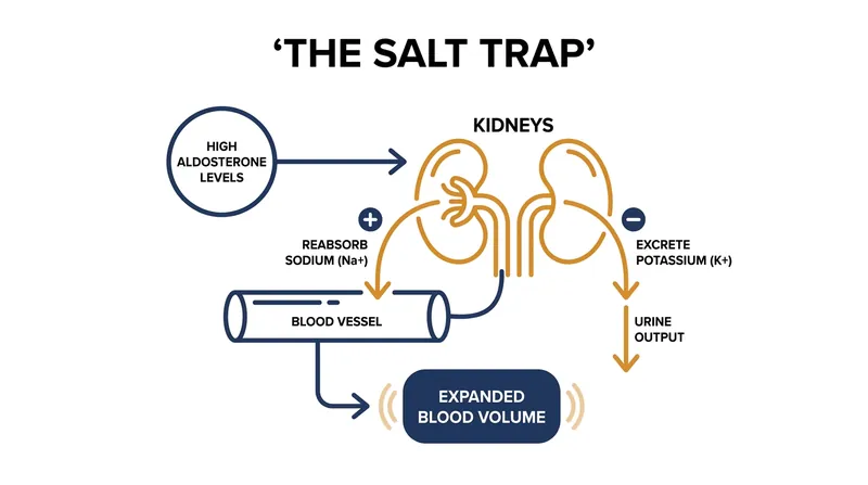 How excess aldosterone traps sodium in the body, driving up blood pressure regardless of dietary intake.
