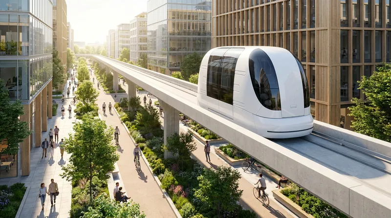 Because the autonomous pods are lightweight, the supporting guideways can be prefabricated and rapidly assembled.