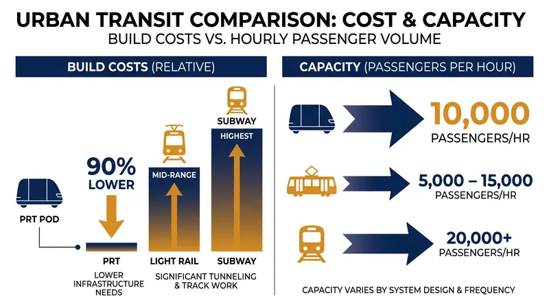 Developers claim PRT systems can deliver light-rail capacity at a fraction of the infrastructure cost.
