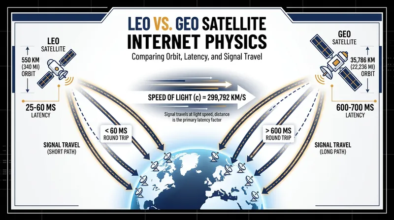 Altitude dictates latency: LEO satellites operate roughly 60 times closer to Earth than GEO satellites.