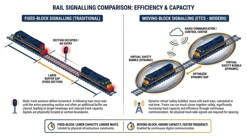 Moving-block signalling allows trains to safely run closer together, a requirement for 15-minute high-frequency service.
