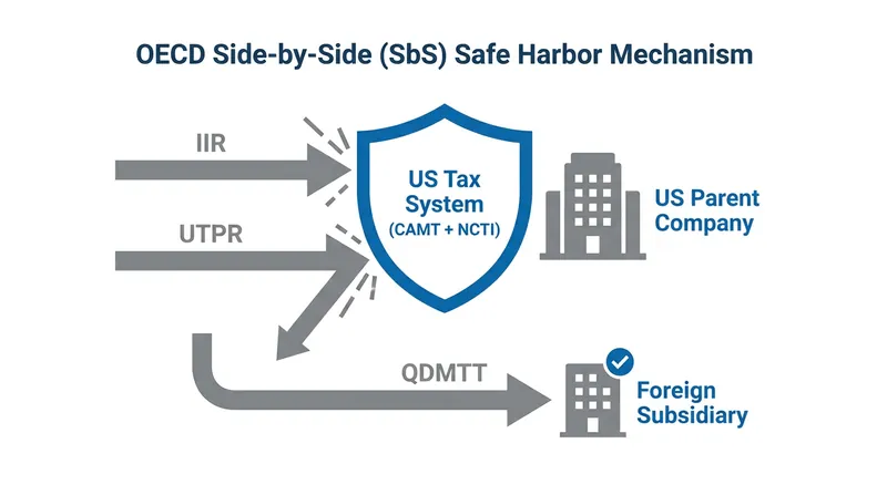The Side-by-Side safe harbor shields US parent companies from foreign IIR and UTPR taxes, but foreign subsidiaries remain subject to local QDMTTs.
