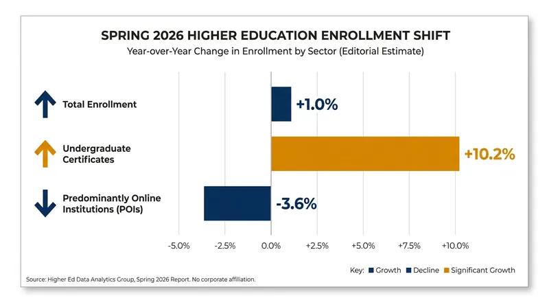 Spring 2026 enrollment data reveals a surge in short-term certificates and a decline in predominantly online institutions.