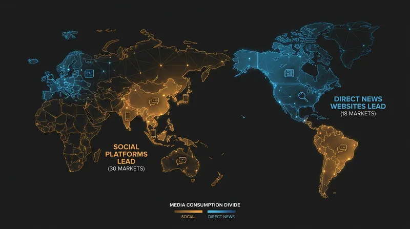 While social media dominates globally, direct news websites still hold the lead in 18 markets, primarily in Northern Europe and parts of Asia.