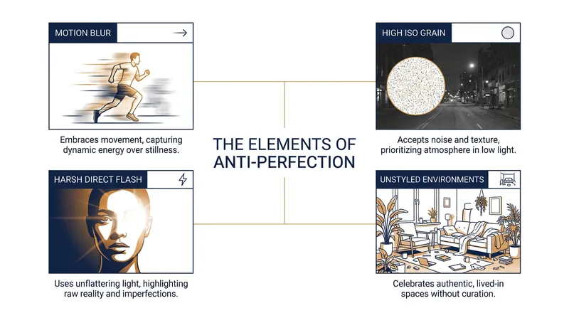 The visual signatures of the anti-perfection movement prioritize atmosphere over clarity.