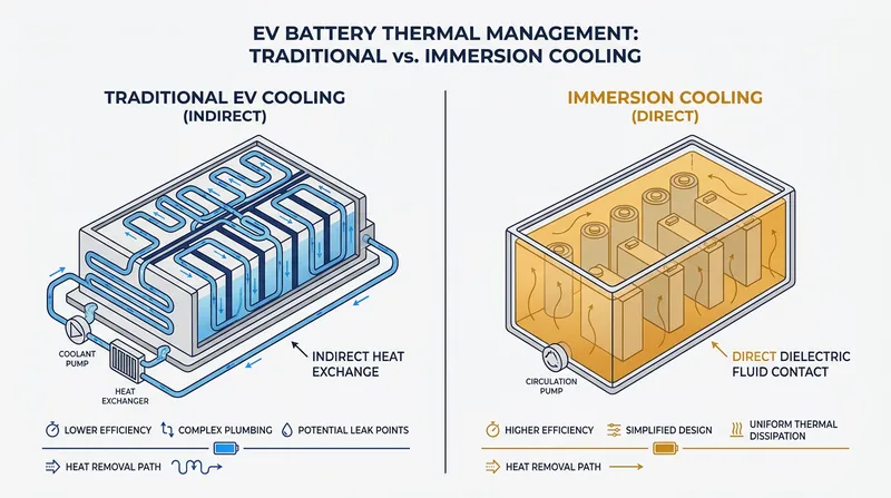 Traditional water-glycol systems rely on indirect cooling through pipes, while immersion systems bathe the cells directly in dielectric fluid.
