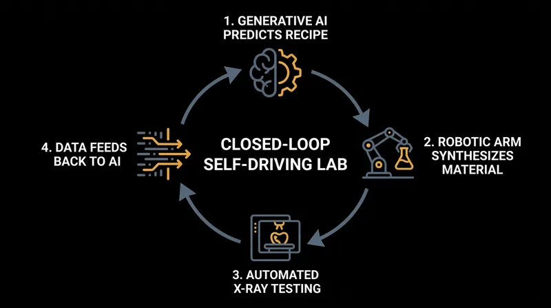 The closed-loop system allows the AI to learn from the physical failures of the robotic lab in real-time.