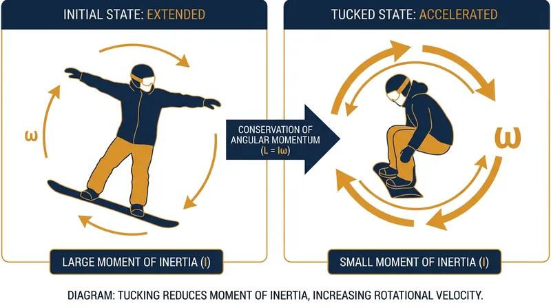By tucking tightly, riders reduce their moment of inertia and accelerate their spin rate.