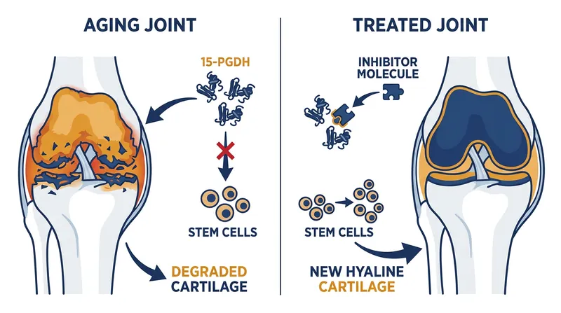 How the 15-PGDH protein blockade wakes up dormant stem cells to repair joint damage.