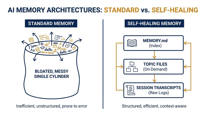 Anthropic's three-layer memory architecture prevents context bloat by separating indexes from raw data.