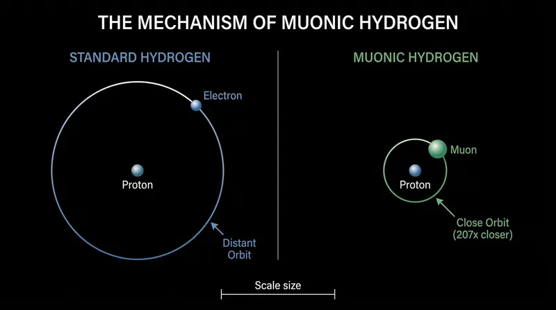 Because a muon is 207 times heavier than an electron, it orbits much closer to the proton, making it highly sensitive to the proton's size.