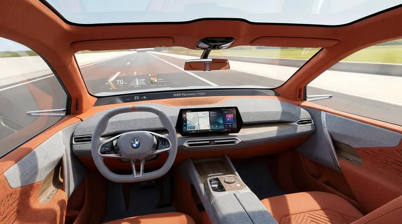 The iX3's minimalist cabin replaces the traditional instrument binnacle and iDrive controller with a full-width windshield display.