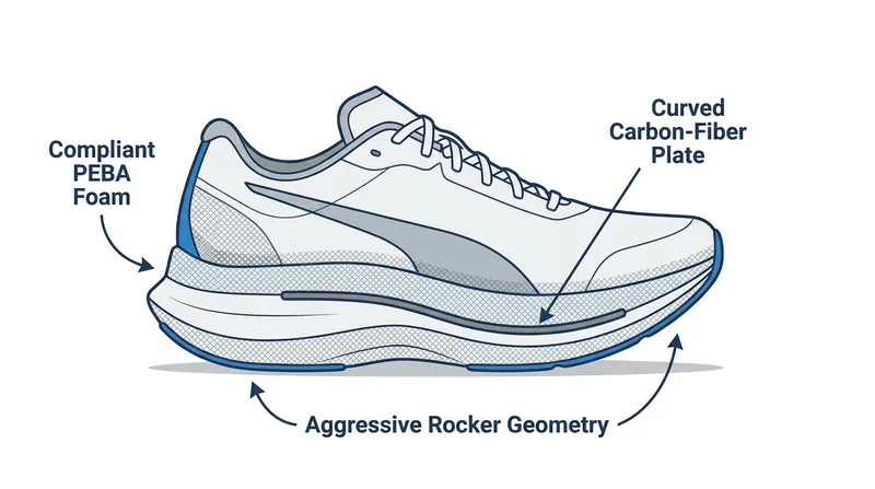 The carbon plate acts as a stabilizing chassis for the ultra-soft foam while creating a lever effect at the toe-off.