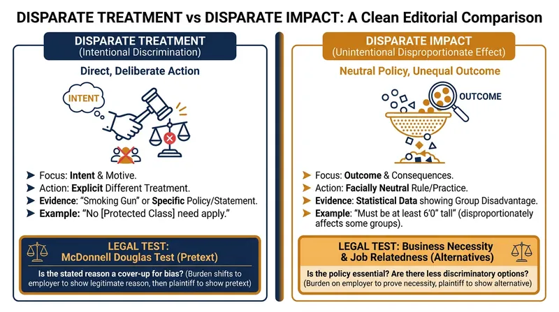 The difference between disparate treatment and disparate impact in fair lending.