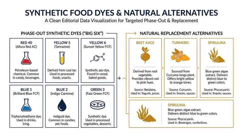 The FDA's phase-out targets the most common petroleum-based synthetic dyes, forcing a shift to plant-based alternatives.