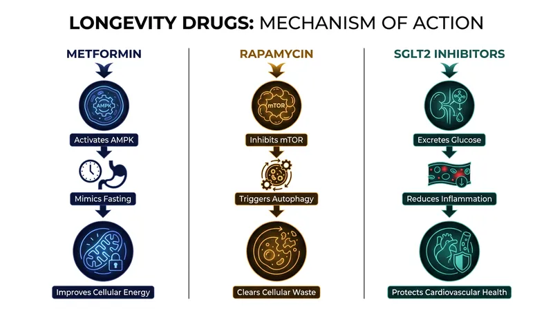 How the three FDA-approved drugs target the cellular hallmarks of aging.