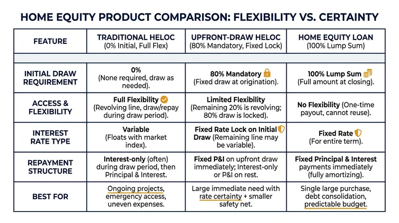 How the new upfront-draw HELOC blurs the line between revolving credit and a traditional lump-sum loan.