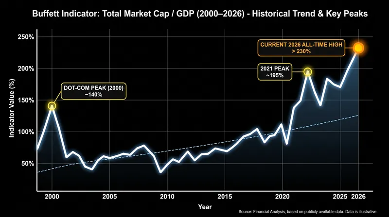 The Market Cap to GDP ratio has steadily trended upward over the past two decades.