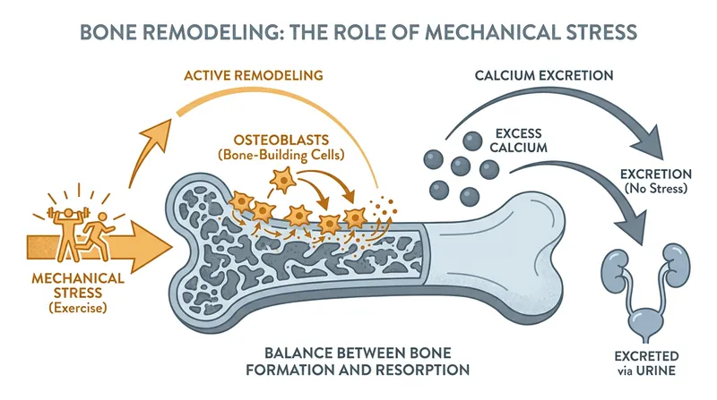 Bone-building cells require mechanical stress to utilize calcium effectively; without exercise, excess calcium is largely excreted.