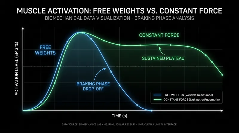 By eliminating momentum, constant-force machines force the muscle to work at maximum capacity through the entire lift.