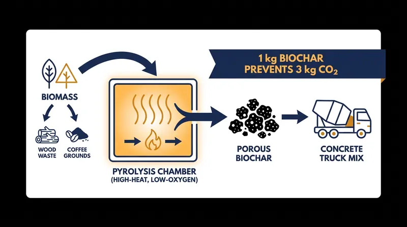 Pyrolysis converts organic waste into a stable carbon sink that enhances concrete chemistry.