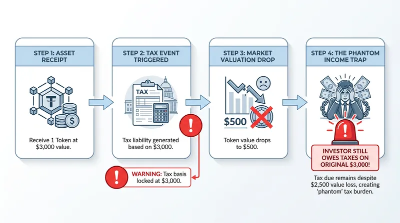 The current IRS framework forces investors to pay taxes based on the asset's value at the exact moment of receipt, regardless of future price crashes.