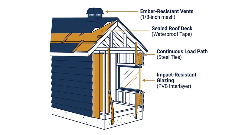 The anatomy of a hardened home focuses on sealing the building envelope against wind, water, and embers.