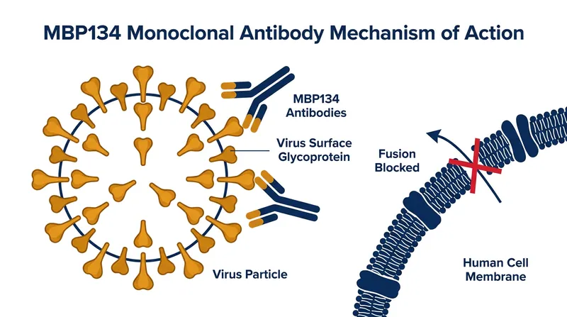 MBP134 works by binding to conserved sites on the virus's surface, preventing it from entering human cells.