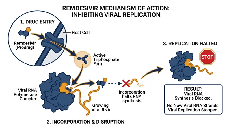 Remdesivir acts as a polymerase inhibitor, disrupting the virus's ability to replicate its genetic material once inside a cell.