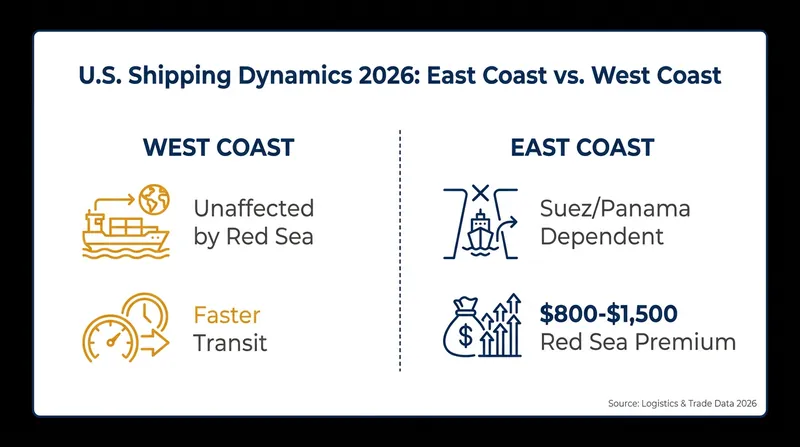 Geopolitical disruptions have created a stark pricing divide between East and West Coast routing.