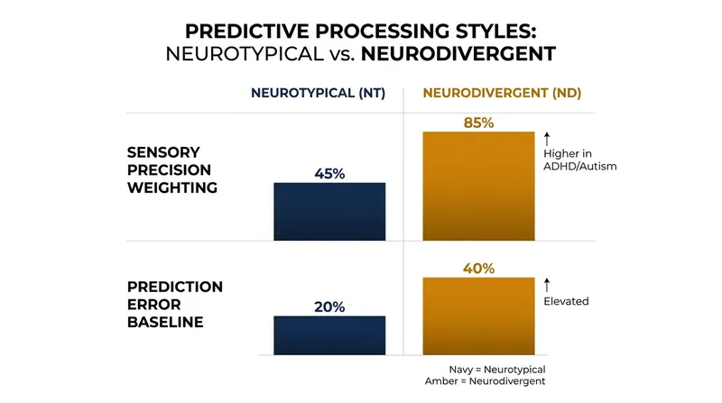 Neurodivergent brains often assign higher precision to raw sensory data, leading to a higher baseline of prediction errors.