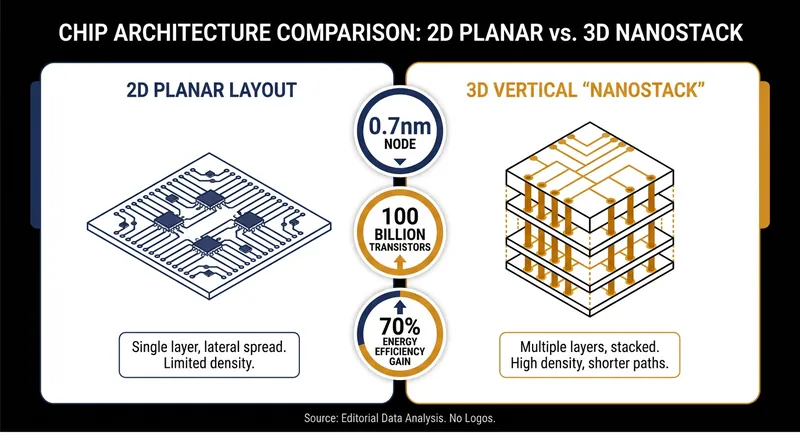 By stacking transistors vertically, the NanoStack design doubles the density of previous 2-nanometer chips.