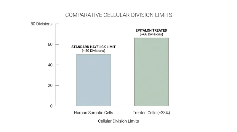 In vitro studies have shown Epitalon can increase telomere length by up to 33%, allowing cells to exceed normal division limits.