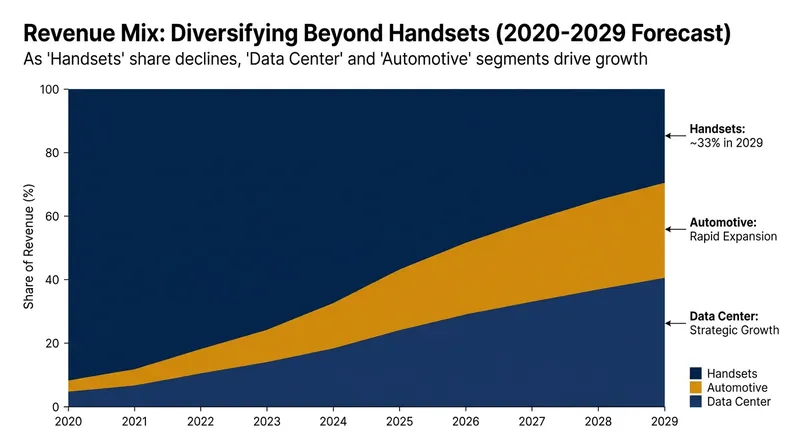 By 2029, legacy smartphone chips are projected to account for only one-third of Qualcomm's total semiconductor revenue.