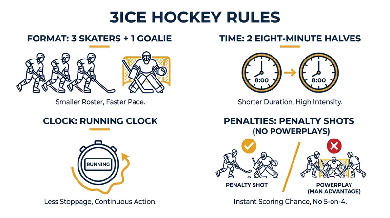 3ICE eliminates traditional powerplays in favor of immediate penalty shots to maintain the game's pace.