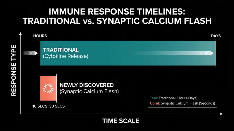 The synaptic delivery of calcium occurs in seconds, vastly outpacing traditional models of immune response.