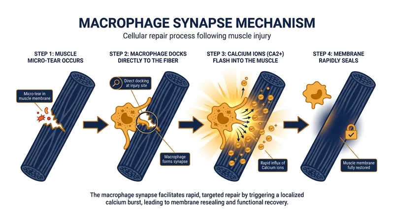 The newly discovered mechanism shows immune cells delivering calcium directly into muscle cells to seal membrane tears.