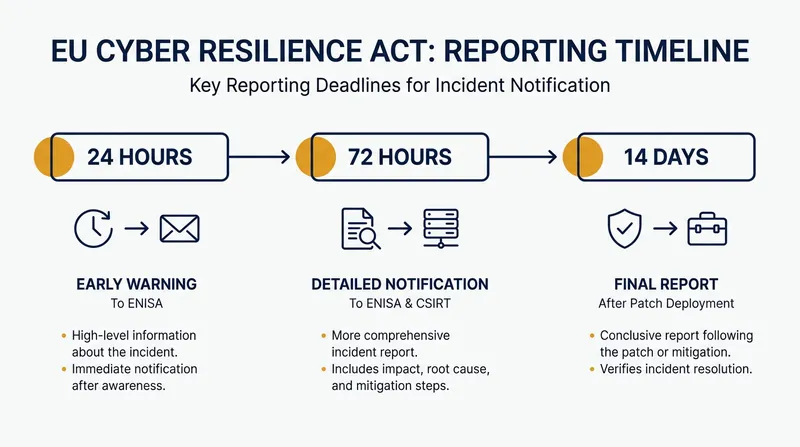 The strict multi-stage reporting timeline mandated by Article 14 of the Cyber Resilience Act.