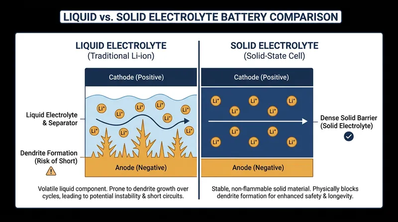 Solid-state batteries replace the liquid medium with a solid conductor, preventing the growth of short-circuiting dendrites.