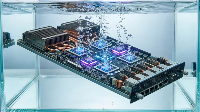 Dielectric immersion cooling submerges servers in specialized non-conductive fluid.