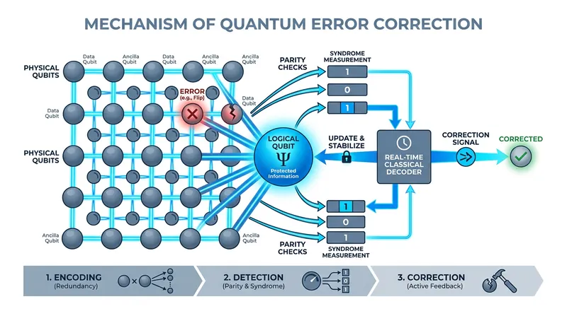 Quantum error correction protects information by spreading a single logical qubit across a web of entangled physical qubits.