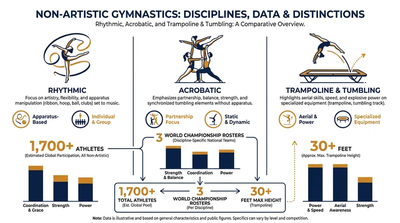 The three non-artistic disciplines demand entirely different biomechanical skill sets.